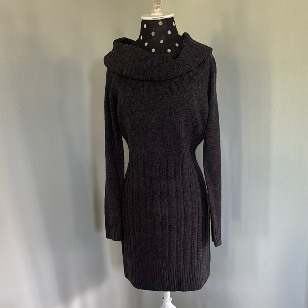 Elegant Charcoal Gray Cowl Neck Sweater Dress